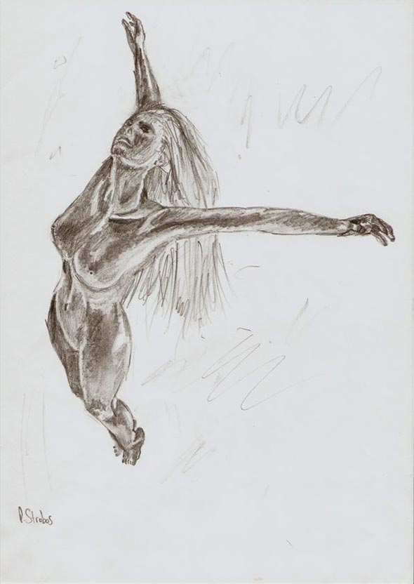 Rough pencil sketch of a female figure soaring skyward.