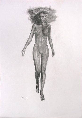 Rough pencil drawing of a woman walking, frontal view.