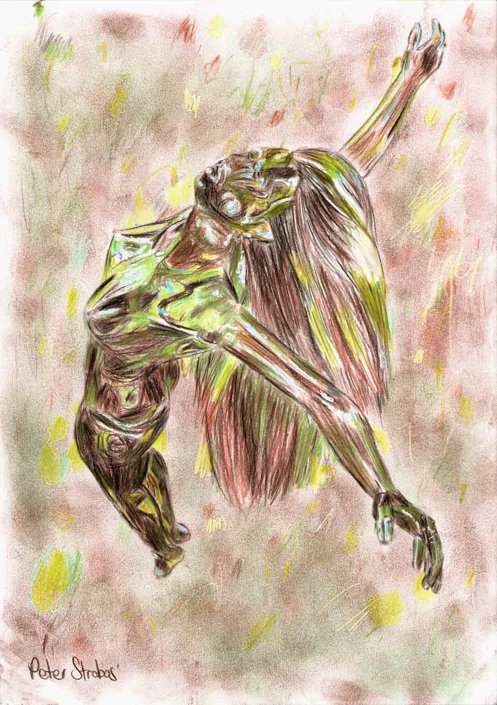 Colour pencil concept sketch of woman rising upward.